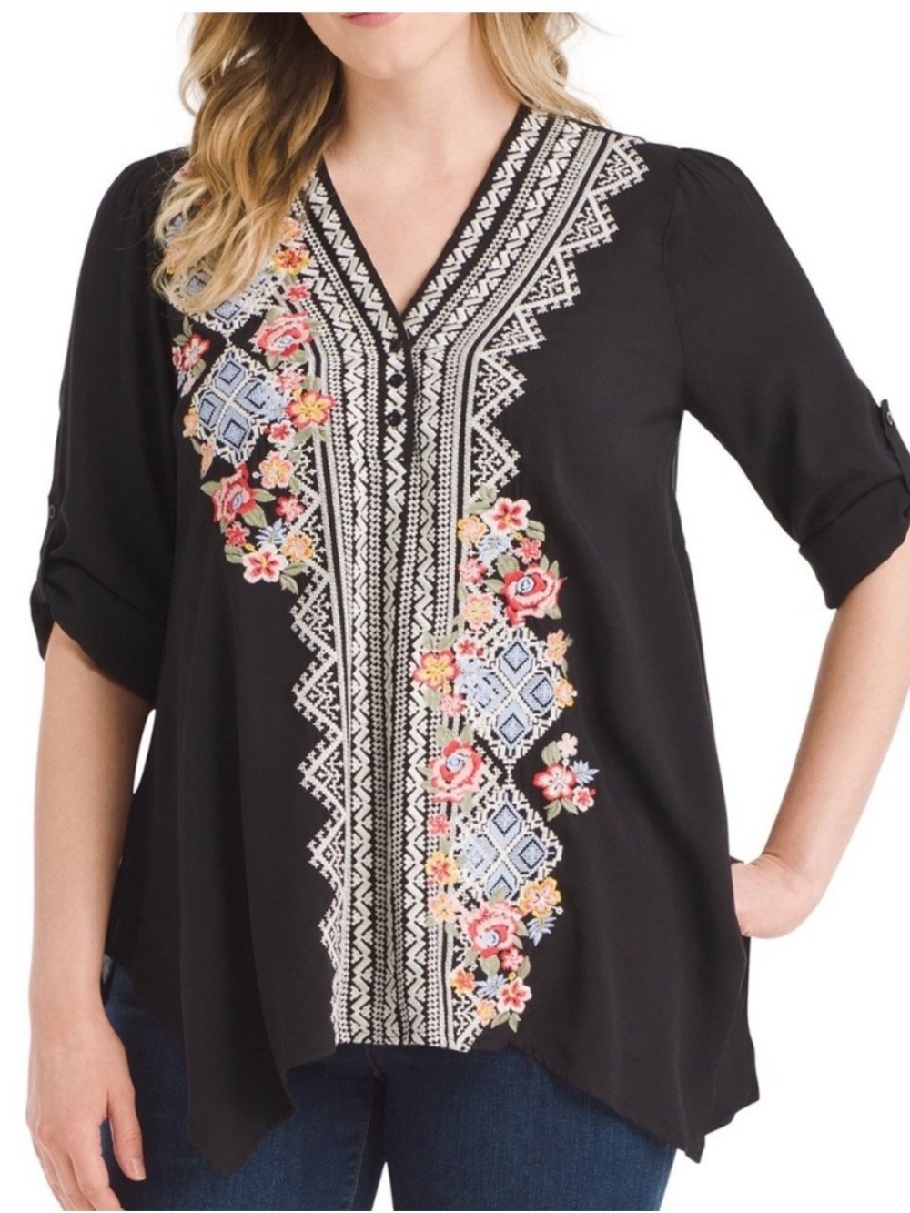 Andreé by UNIT Embroidered Floral Boho Blouse Black Long Sleeve 2X